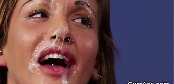  Nasty doll gets jizz load on her face swallowing all the sperm
